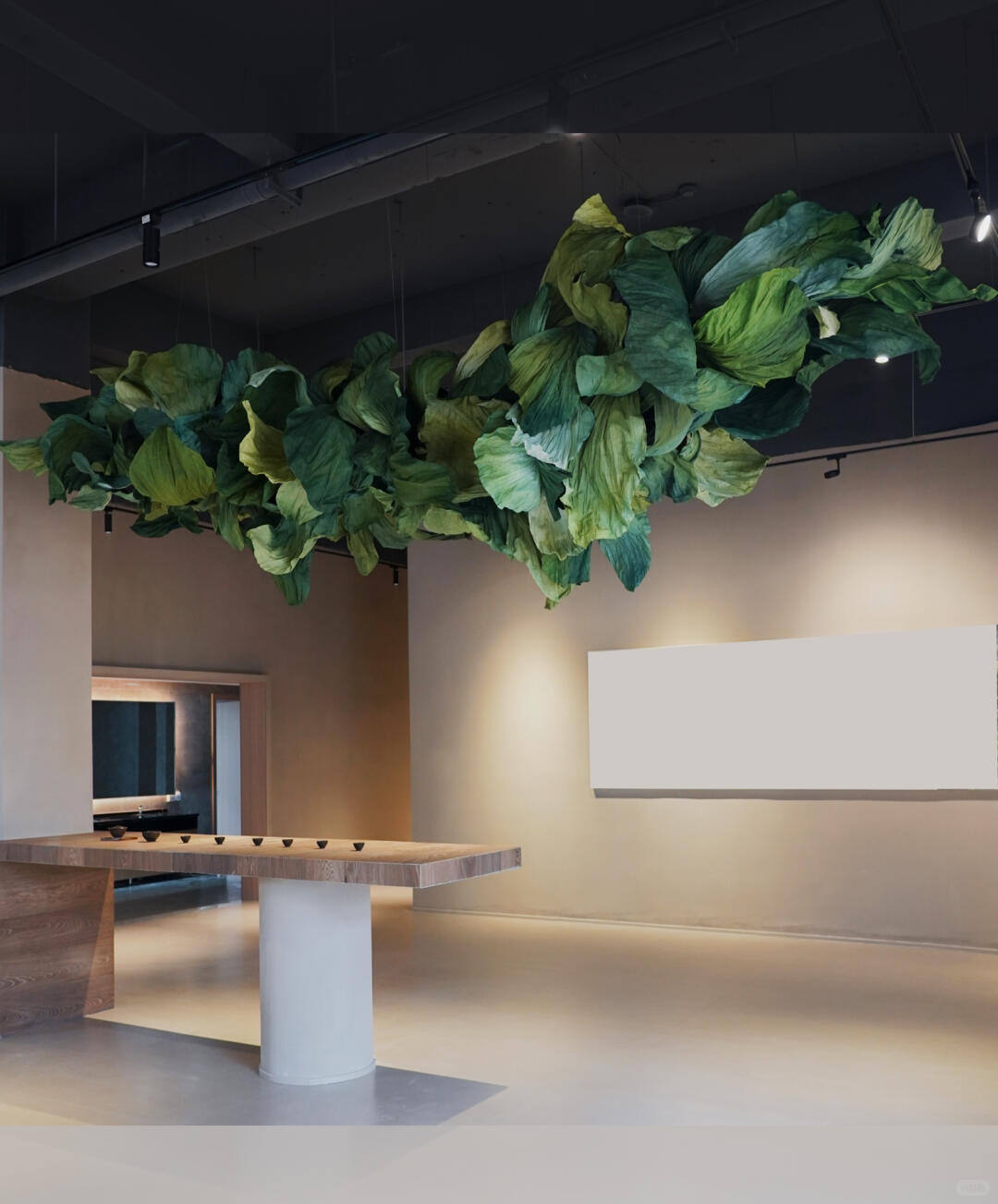 Emerald Sprouting | Tea-Themed Art Installation | Large-Scale Green Paper Ceiling Installation image 1